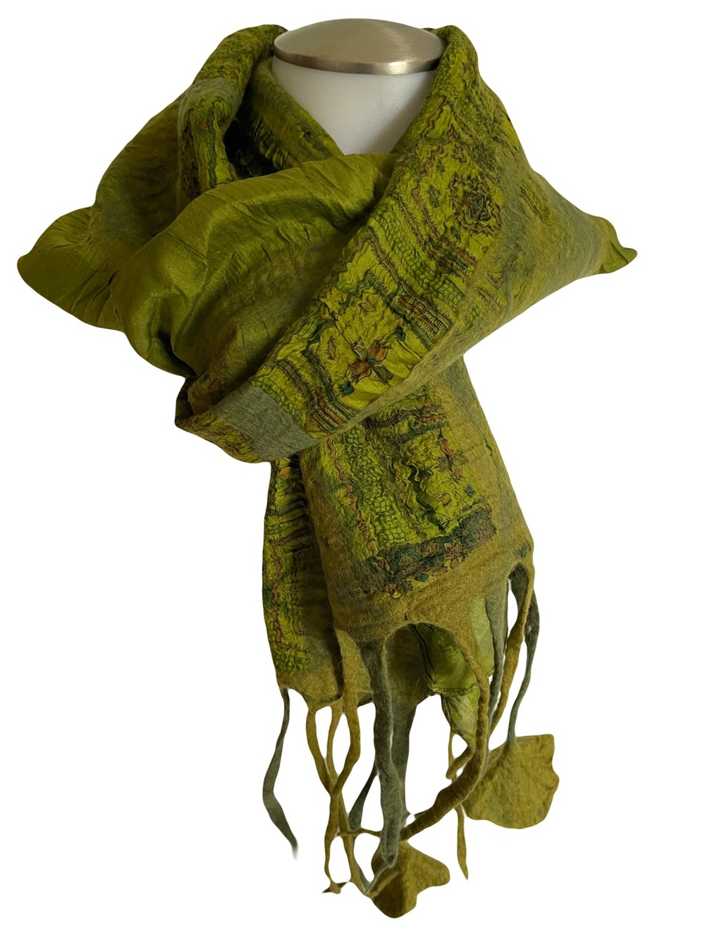 Nuno Felted Silk/Wool Olive Green Textured Scarf - Designer Style